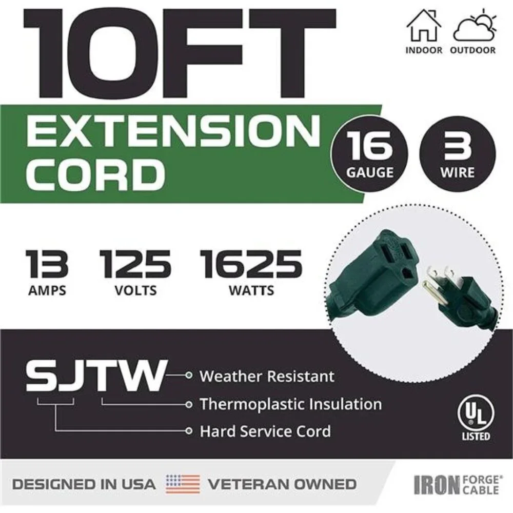 5 Pack Outdoor Extension Cord 10 ft, 16/3 SJTW Weatherproof Green Extension Cord